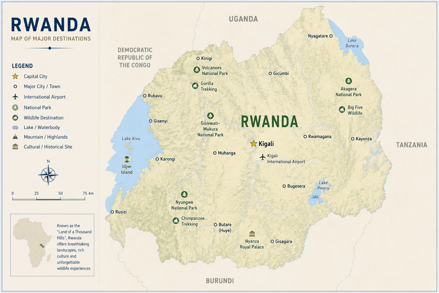 Rwanda major destinations map