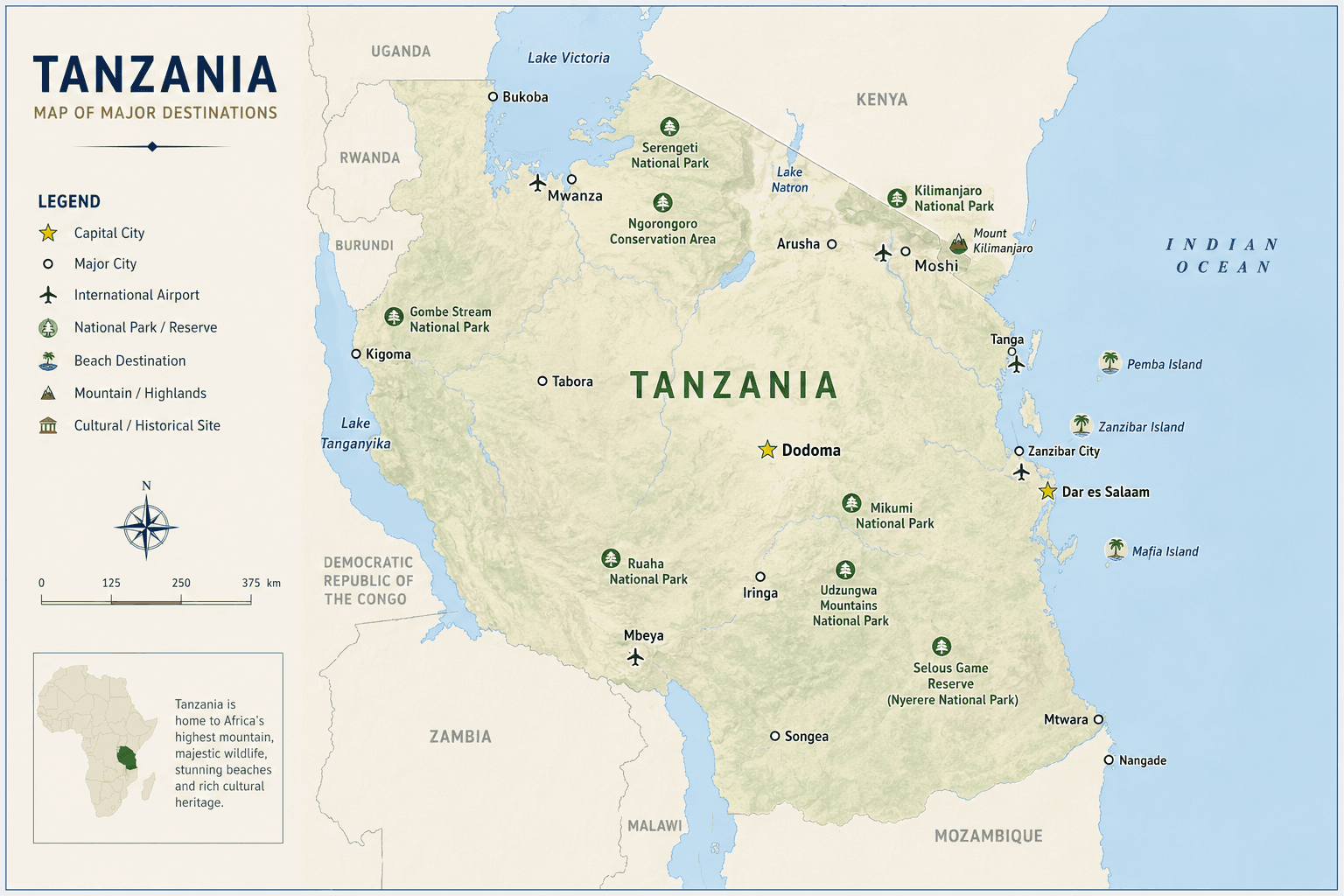 Tanzania destinations map