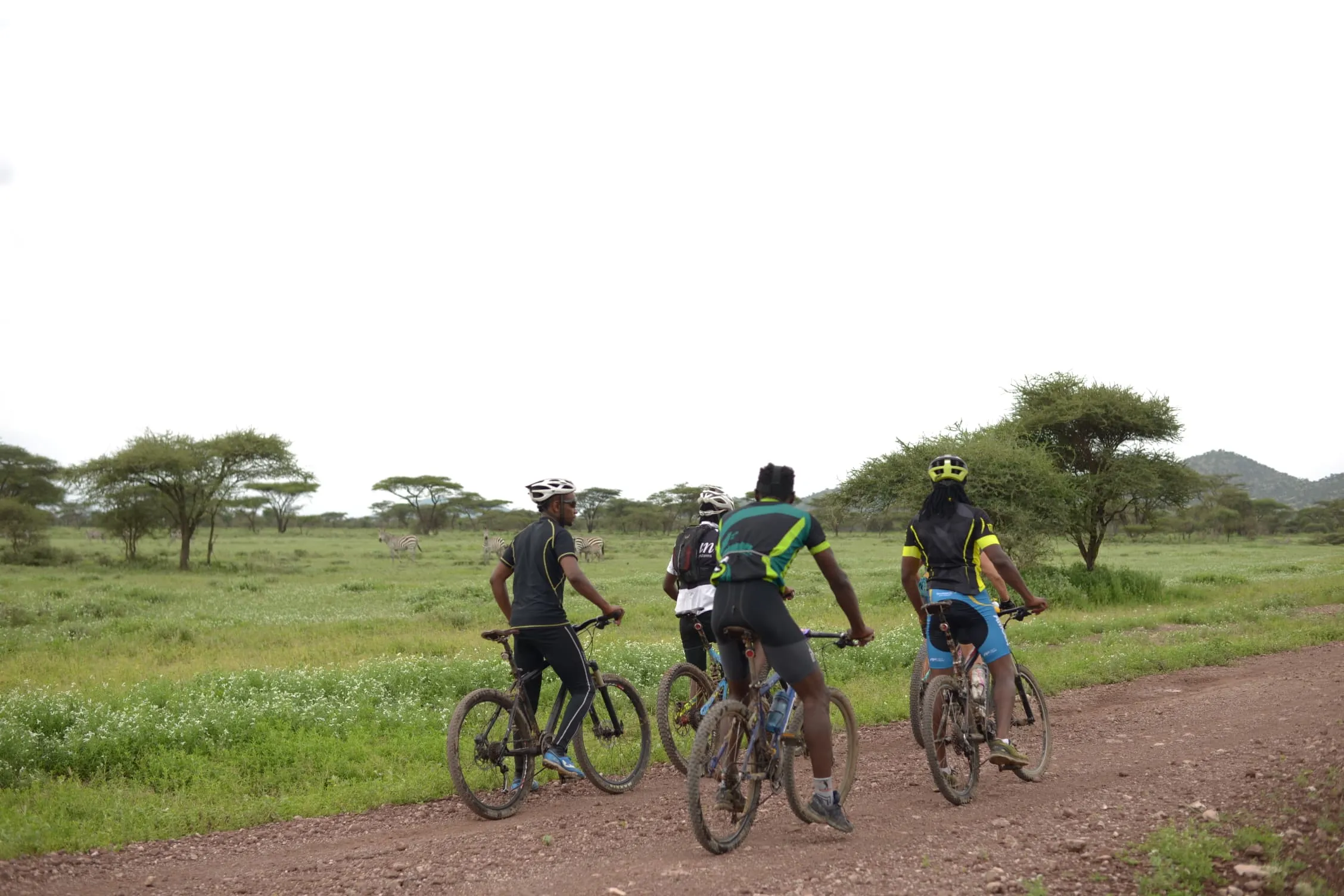 Mountain biker on trail through Arusha National Park with Mount Meru in background