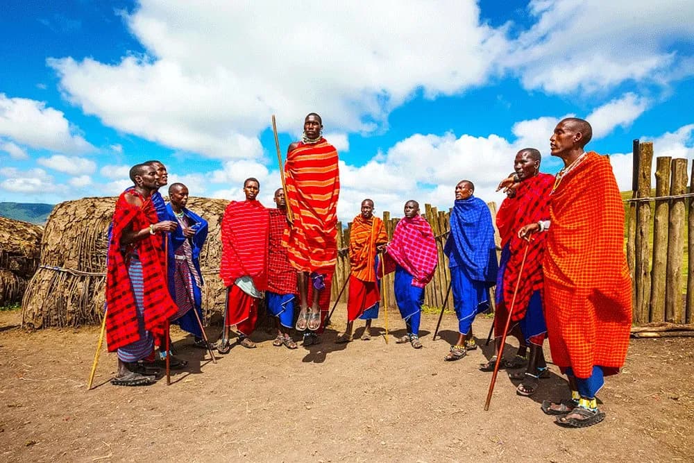 Maasai warrior in traditional red shuka with beaded jewellery in Tanzania